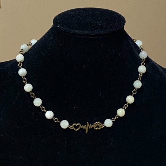 Genuine Pale Green Serpentine Necklace, Bronze Paw Print Heart Beat + Gemstone - Picture 2 of 14